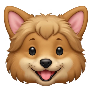 Dog face only, light brown fluffy dog, darker ears, small black nose, happy smiling with tongue out, simple emoji icon. sticker