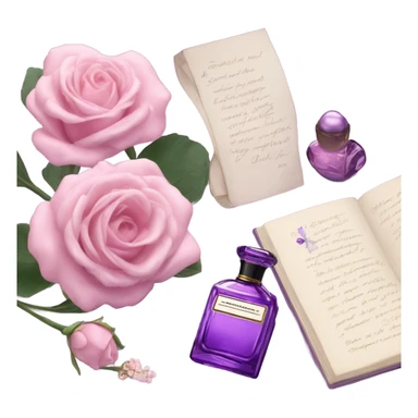 Aesthetic showcase of light pink stock flowers, a vintage-inspired violet perfume bottle, an emotional love note, and a purple silk bookmark. sticker