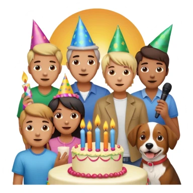 celebration birthday with a dog and watching sunset with many peoples with a birthday cake and mike a wish man peoples at home sticker