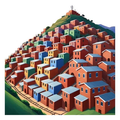 Urban Peruvian hillside neighborhood, brick houses stacked on steep hills, unfinished red brick buildings, colorful painted facades, narrow stairways, electric cables crossing the sky, sunset lighting, realistic style, cinematic, high detail in the desert sticker
