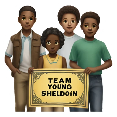 Group of young black children holding a banner that says “Team Young Sheldon” sticker