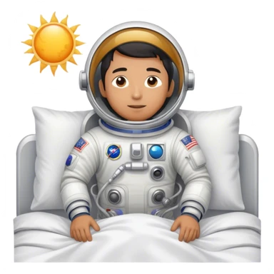 Asian man wearing in astronaut wakeup from the bed with sun sticker