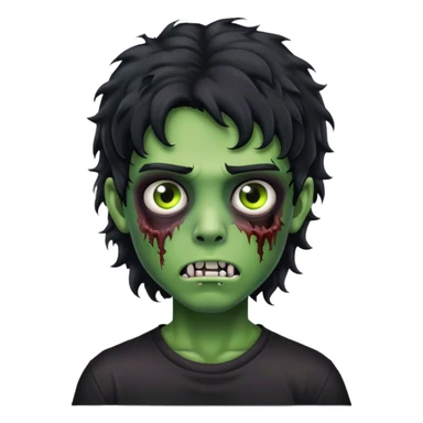 boy zombie with black curly hair mullet with green skin with black shirt sticker