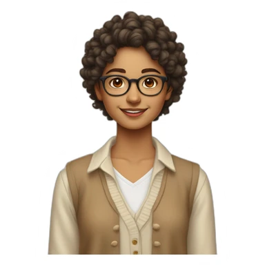 smiling indian teenage girl with curly hair and glasses wearing a collared long sleeve white shirt under a beige v shaped collar sweatervest with no buttons sticker