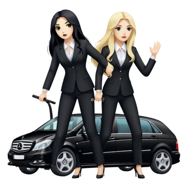 Two woman in black pants suits. They have long hair. One has black hair and one is blond. They are punching a stretcher with a coffin on into a black Mercedes Vito sticker