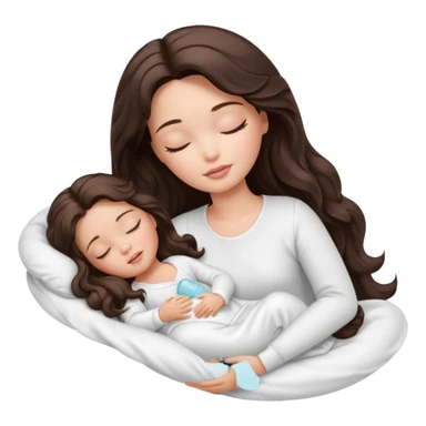 White Barbie girl dark brown long wavy hair in white clothes sleeping with white baby at cream bed, eyes are closed sticker