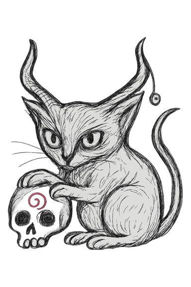 Make the skull larger and place it in front of the cat, keep the realistic hand drawn style with dynamic outlines and no fill. Preserve the charm on the horn, the cat's green eyes, and the red spiral on the skull. Maintain transparent background. sticker