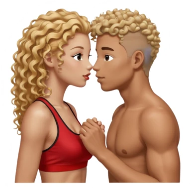 athletic man, high top fade, blonde curly hair only top only, no shirt and Athletic girl with long light RED wavy long hair and black sports, Put them together kissing, or holding hands give the girl red hair  sticker