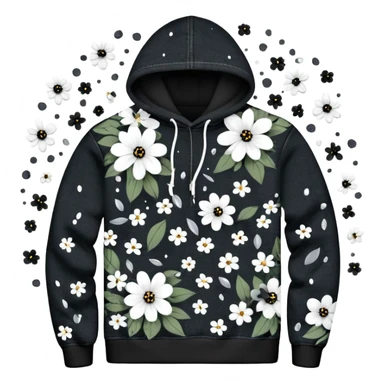 The BLACK Denim Tears Hoodie features a black base with distinctive white and black  open flower spots with empty space in the middle, These hollow ring-like patterns are scattered across. BLACK AND WHITE FLOWERS SPACED OUT FLOWERS, AND ONLY A FEW FLOWERS AND NO DOTS sticker