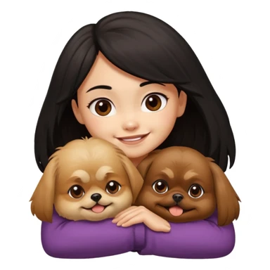 black hair girl hugging brown pekingese dog that looks a little bit like brown gremlin sticker