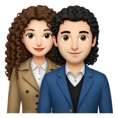 A Lebanese women with straight long brown hair and an Italian man with curly black hair looking at the camera smiling wearing nice modern but stylish clothing sticker