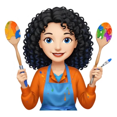 FEMME BLANCHE FRISÉ 60 ANS CHEVEUX NOIR FRISÉ ONDULÉ TRÈS  LONG , SOURIANTE AVEC CHANDAIL ORANGE ,   YEUX BLEU ET UN PINCEAU À LA MAIN LA MAIN AVEC 5 DOIGT SEULEMENT ET TABLIER sticker