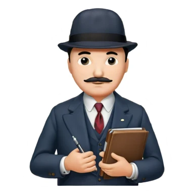 A cinematic-style frame showing Hercule Poirot in his iconic suit with a notebook in a dramatic detective pose. Background should be mysterious city, map, a board with photos of suspects, clues like fingerprints. Transparent background. sticker