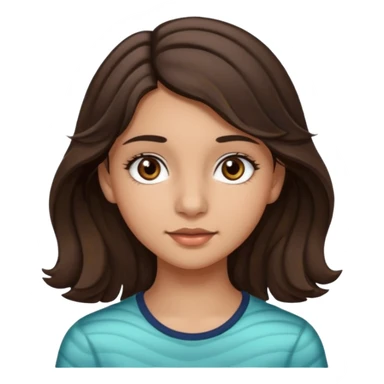Create a emoji of a girl teen (14 years old) with dark brown hair and a little bit lighter brown in the end of the hair (but mixed) and waves in the hair with MEDIUM FAIR TO OLIVE skin tone, dark brown eyes, perfect nose, long eyelashes sticker