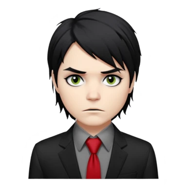 Gerard Way (Revenge Era)
Round, simplified emoji style
Pale skin tone
Jet-black, shoulder-length hair messy and emo
Heavy eyeliner and slight red shadow under the eyes
Subtle serious
Hint of red tie visible on black button up shirt.
Transparent background. Black eyeliner. Messy emo hair sticker