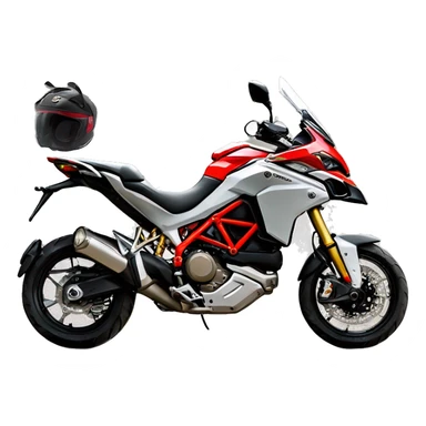 Moto de enduro Ducati multistrada roja y negra con bolsas laterales y bolsa trasera. Piloto con casco abierto gris. Vista frontal sticker