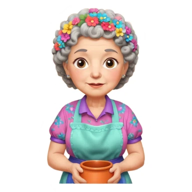 cartoon Apple iOS emoji style rural elderly woman, chubby face, short gray curly hair, flowery blouse, colorful apron, big expressive eyes, pastel colors, Chilean wooden kitchen background, clay pots, warm light, detailed and clean vector art sticker