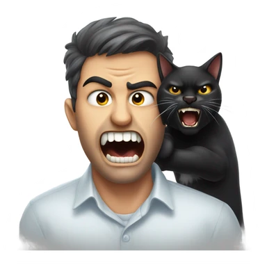 An angry black cat bites a man on the face. sticker
