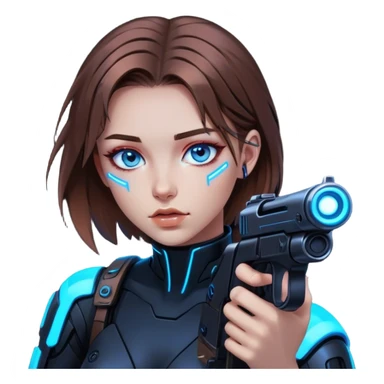 Neon cyberpunk style 
girl with brown hair and blue eyes 
shoots sticker