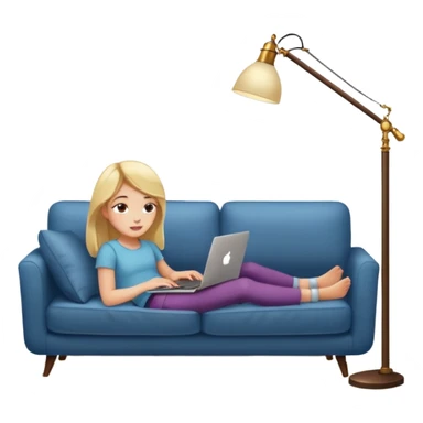 A girl is working with a laptop while lying on a sofa, with a floor lamp to the right. sticker
