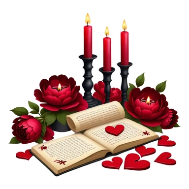 A mystical still life with blood-red candles casting flickering shadows over scattered love letters, their ink smudged with passion. Crimson butterflies rest on blackened crosses, while lush red peonies and pansies bloom in the dim candlelight. sticker