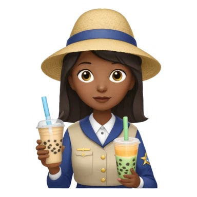 A Mysterious Elderly Female with Dark skin and Straight hair, wearing a Uniform outfit, a Sunhat, No glasses, carrying a Enchanted staff, working as a scientist, while drinking Bubble tea and reading a Journal. sticker