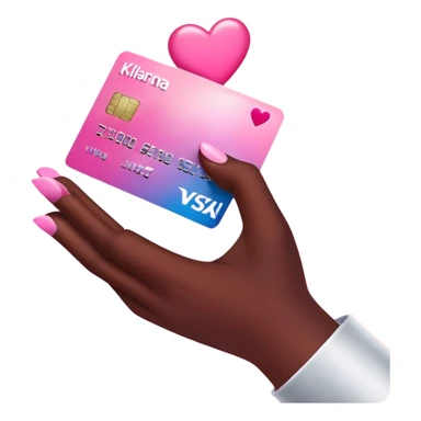 Klarna Baddie” Emoji Icon  A dark-skinned hand holding a credit card labeled “Klarna 3x” with sparkles and hearts. Background in Mocha + Pink gradient. sticker