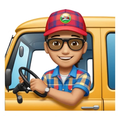 Cute emoji style illustration of a Peruvian truck driver, smiling young “chofercito carretero”, wearing baseball cap, sunglasses, plaid shirt, leaning out of a Hino 500 truck window, vibrant colors, bold outlines, glossy 3D emoji style, sticker design, transparent background sticker