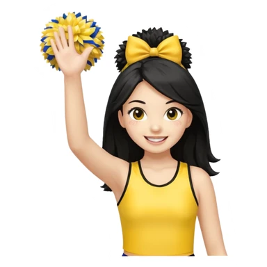 A long black hair teen girl waving pom-poms, eyes sparkling with excitement, yellow cheer leader top sticker
