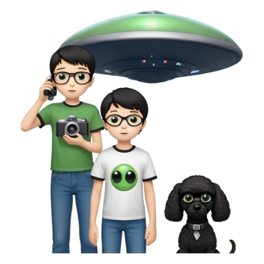 A little boy with straight black medium-length hair, white skin, and black eyes wearing black-framed glasses is taking photos on a UFO with a camera. Beside him, there is an alien and a brown round-headed poodle. sticker