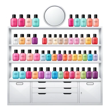 big beauty salon showcase with well-organized brand-labeled beauty products on a white shelves sticker