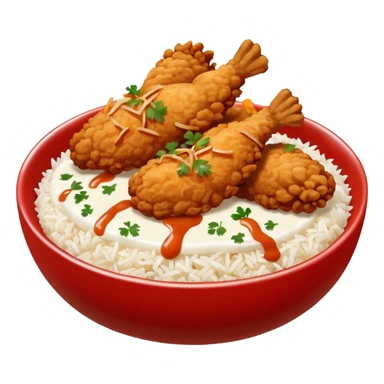 iOS-style food emoji, flat design: round bowl with white rice base, topped with crispy fried chicken pieces, fried onion bits, sweet-and-sour sauce and white sauce zigzag drizzles, finished with parsley flakes, clean shapes, transparent background. sticker
