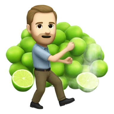 white man with brown hair but not facial hair bending down to pick up many fallen limes on the floor . Make it so there are many limes scattered around the flooor. sticker