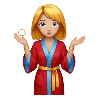 lightly tanned skin, blue eyes, cute and sexy girl with bright yellow-brown hair in a few shades of red robe, golden rings, slight cute makeup, full body, slightly turned aside pose, hands hidden behind back sticker
