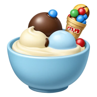 A bowl with ice cream one is vanilla with chocolate an the other one is ligtblue with m&m sticker