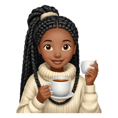 A dark-skinned Black woman with long black box braids, holding a steaming tea cup with both hands, wearing a cozy sweater, smiling. sticker
