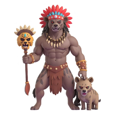 A native strong buff hyena with war bonnet flexing posing full body holding a chopped off human head by the hair  sticker