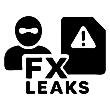 logo design with solid turquoise textured background, left masked figure outline, center bold stylized 'FX LEAKS' text with 'FX' highlighted, right document with warning triangle, theme confidential financial info sticker