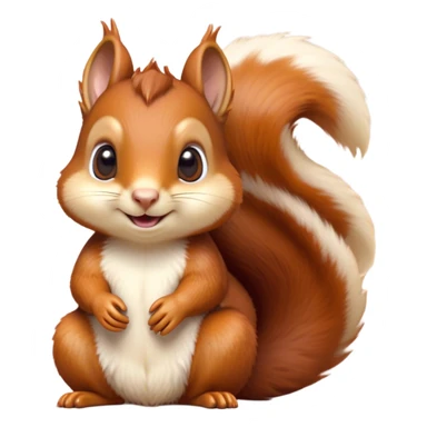 Cinematic Cute Squirrel Portrait Emoji, Head tilted playfully and inquisitively, featuring a fluffy, vibrant auburn Fur with a delicate cream belly and a bushy tail, round, sparkling eyes filled with curious mischief, Simplified yet irresistibly adorable features, highly detailed, glowing with a warm, friendly glow, high shine, affectionate and lively, stylized with a touch of woodland whimsy, bright and endearing, soft glowing outline, capturing the essence of a mischievous yet loving squirrel, so playful it feels like it could leap out of the screen and into your arms! sticker