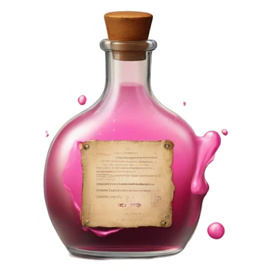 Mysterious Alchemical vintage glass potion bottle, exquisite bottle shape, old and shabby, with label, stylish and minimalistic, brown and pink, oil potion is poured out of the bottle, oil is spilled next to it sticker