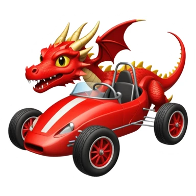 Special air-cooled three-cylinder race car whose frame and suspension is made of shopping cart material with a large gas tank, and rear spoiler, is being professionally steered/driven by a small dark-colored dragon  sticker