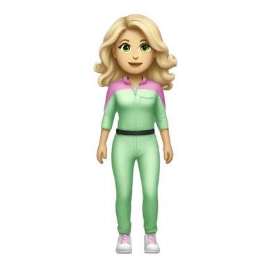white Woman dark blond hair  pink  full body jumpsuit flying with light green eyes sticker