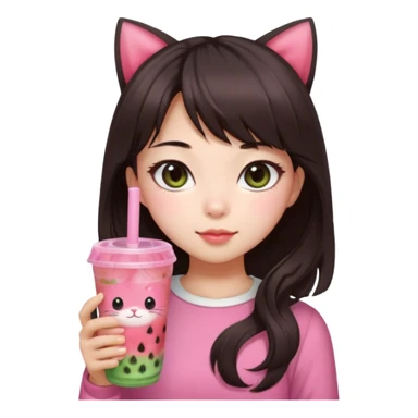 Pale asian girl with cat eyes big pupils with dark brown hair side bangs t the left and layered hair towards the inside with pink bow on hair and pink outfit holding a watermelon bubble tea sticker