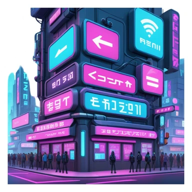 Cyberpunk street corner with neon blinking signage and holographic advertisements sticker