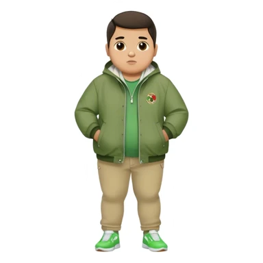 Fat mexican boy with green jacket, skinny khaki jeans, and white nikes sticker