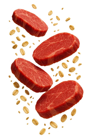 FETTINE DI CARNE FLUTTUANO IN ARIA INSIEME A FIOCCHI DI AVENA, IPERREALISTICO 4K sticker