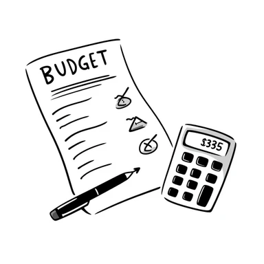 Budget sheet with expenses column and calculator sticker
