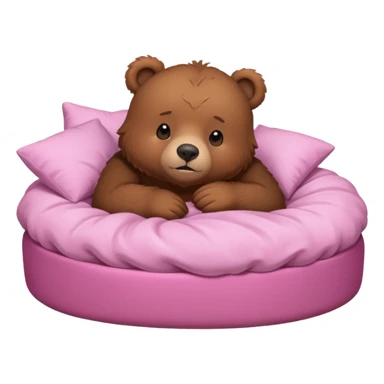 A cute brown bear in a pink bed, tucked in and looking forward, trying to fall asleep. sticker