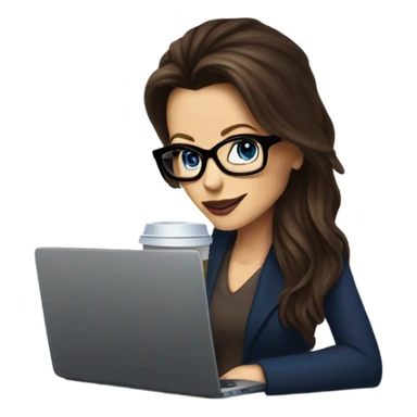 Hyper Realistic Kate Beckinsale dark blue eyes wearing glasses drinking coffee at a laptop  sticker