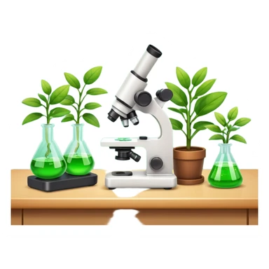 FA 3D cartoon science lab table with test tubes, microscope, and a small potted plant, green leaves under bright light, clean background, realistic Memoji-style rendering. sticker